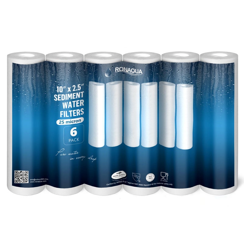 Ronaqua 25 Micron Sediment Water Filter Cartridge 10"x2.5", NSF Certified, 4-Layer Filtration for any 10-inch RO Units & Whole House Systems, Compatible with Culligan P5, AP110, WHKF-GD05, 6 Pack - Image 1